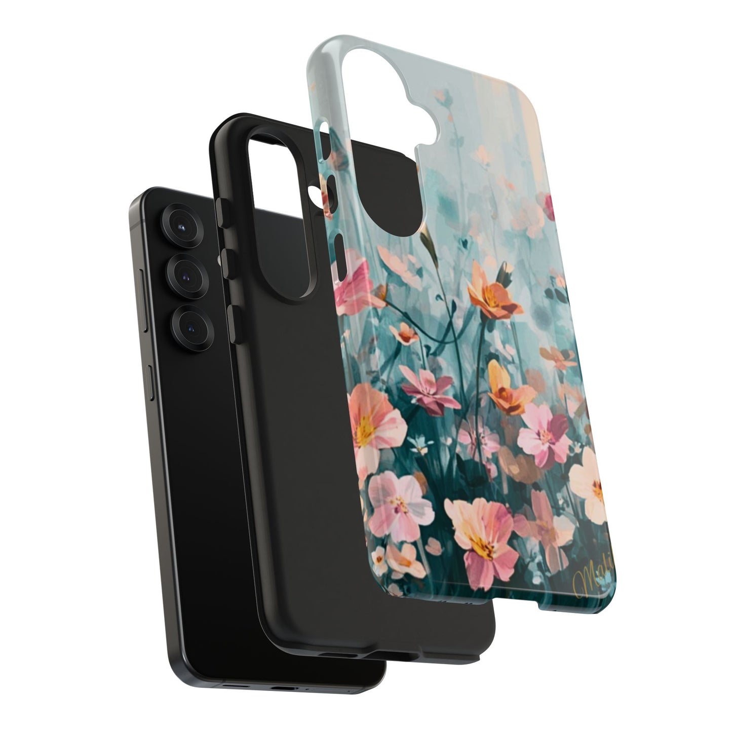 Phone case with floral design on a white background: Morning Meadow Collection. Phone case shown in 3 pieces.