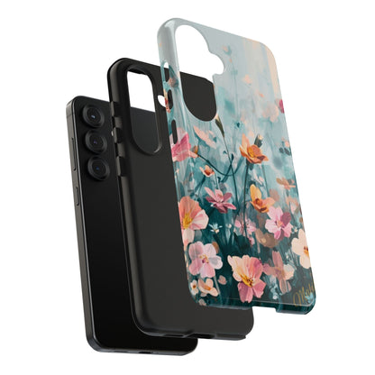 Phone case with floral design on a white background: Morning Meadow Collection. Phone case shown in 3 pieces.