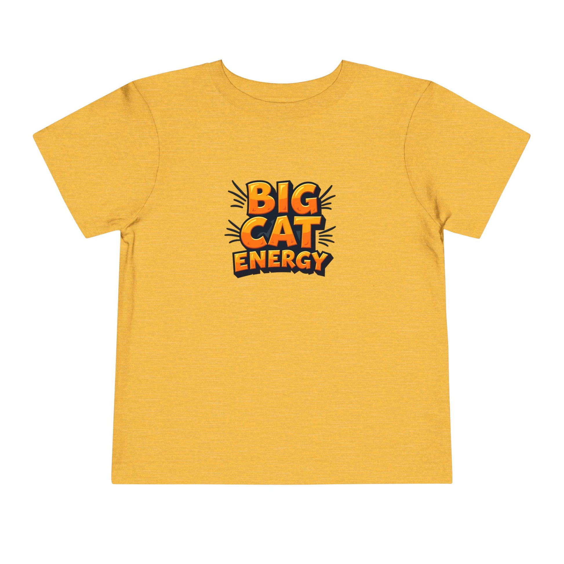 Yellow t-shirt with 'BIG CAT ENERGY' text on a white background