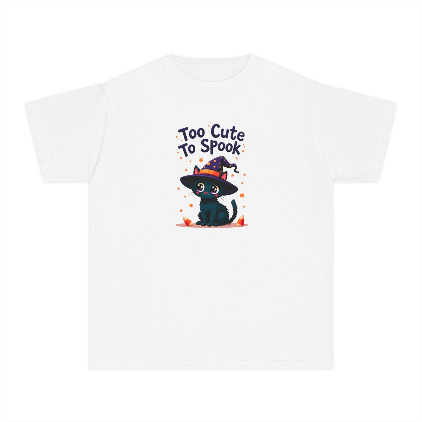 A white short-sleeve crewneck t-shirt featuring a cute graphic of a black cat wearing a witch hat with the text 'Too Cute To Spook' above it.