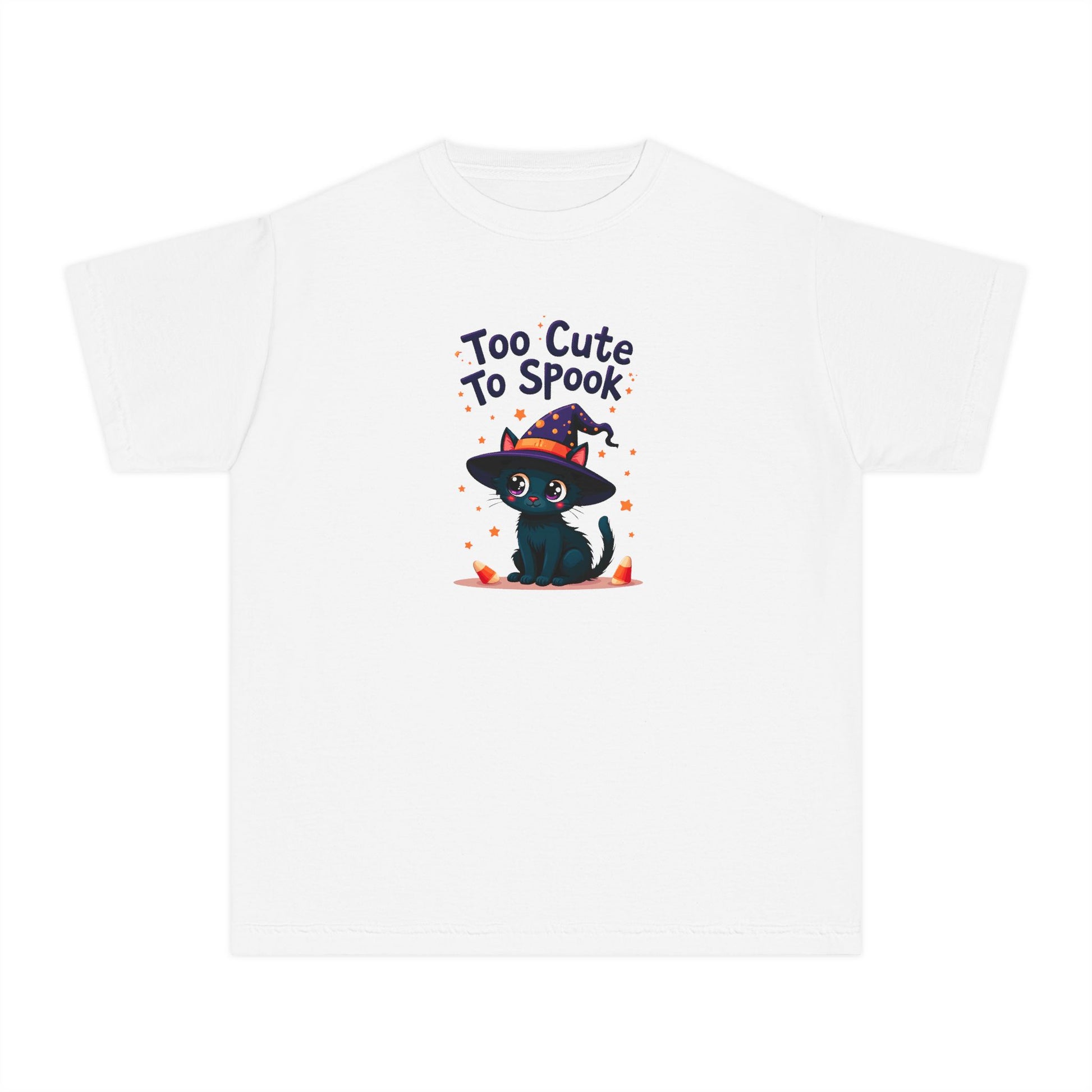 A white short-sleeve crewneck t-shirt featuring a cute graphic of a black cat wearing a witch hat with the text 'Too Cute To Spook' above it.
