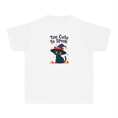 A white short-sleeve crewneck t-shirt featuring a cute graphic of a black cat wearing a witch hat with the text 'Too Cute To Spook' above it.
