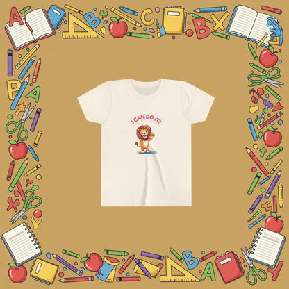 Beige t-shirt with a cartoon lion and 'I Can Do It!' text on a white background