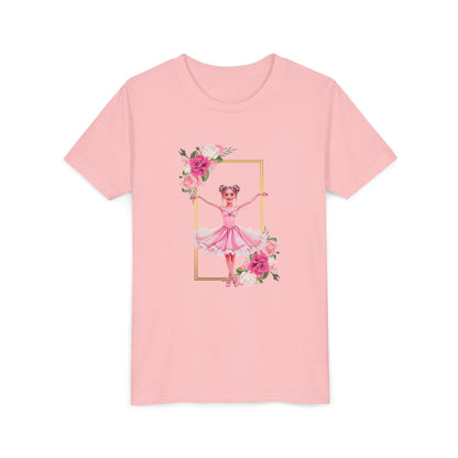 Youth Ballet T‑shirt — Watercolor Ballerina with Rose Frame