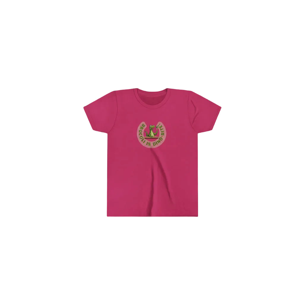 A raspberry pink short-sleeve crewneck t-shirt with a circular graphic on the chest showing a green dinosaur with broccoli on a fork and  Broccoli is dino-bite.