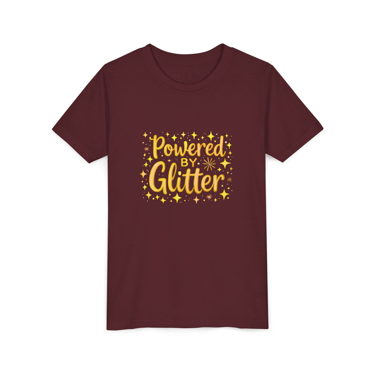 A marroon short-sleeve crewneck t-shirt with a yellow graphic on the chest that reads 'Powered by Glitter' surrounded by small yellow stars, shown on a plain white background.