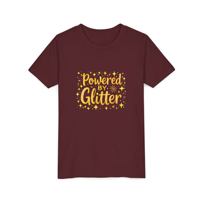 A marroon short-sleeve crewneck t-shirt with a yellow graphic on the chest that reads 'Powered by Glitter' surrounded by small yellow stars, shown on a plain white background.