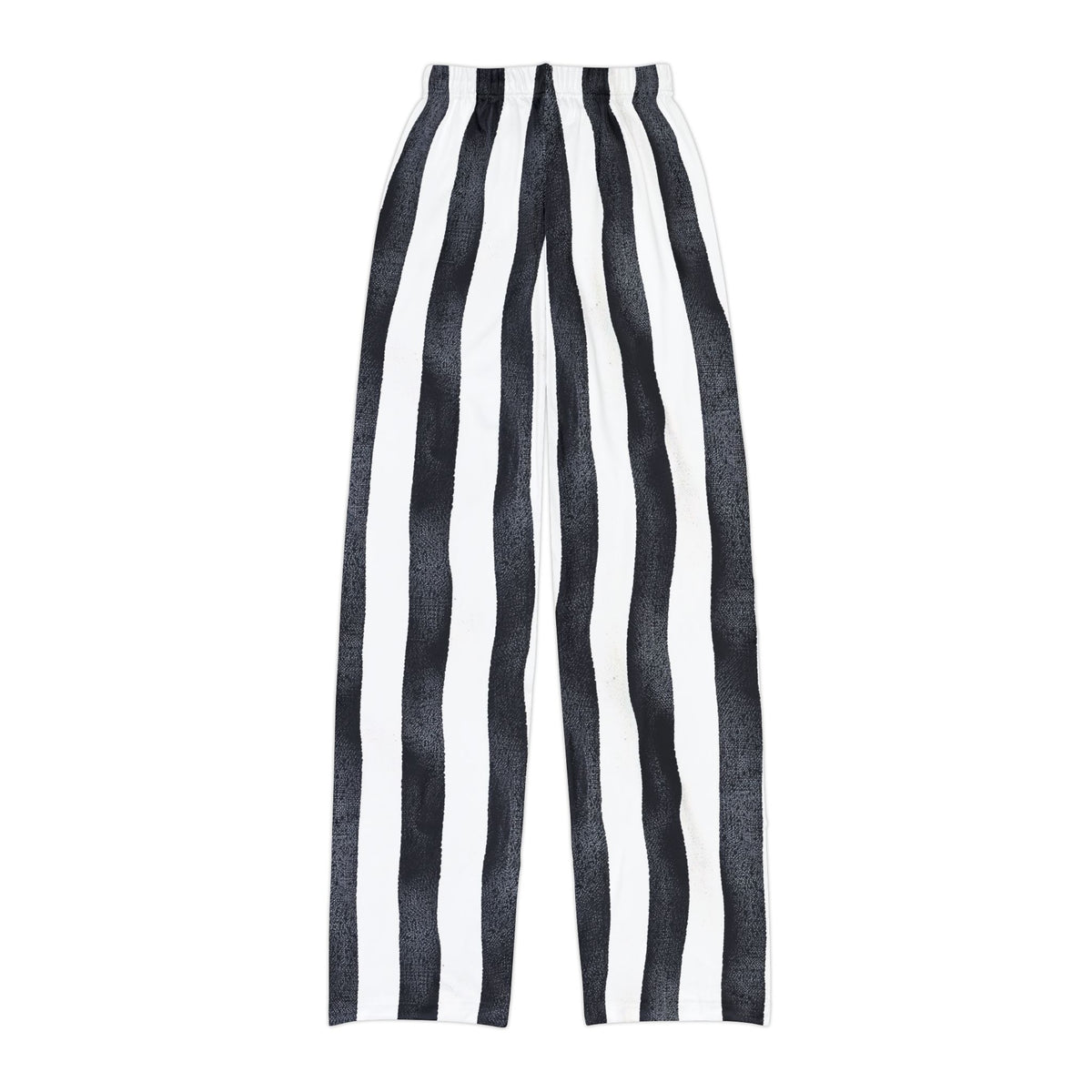 Kids black‑and‑white striped pants with a slight wiggle pattern for a playful pirate look.