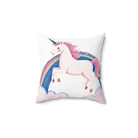 Pillow with a unicorn and rainbow design on a white background