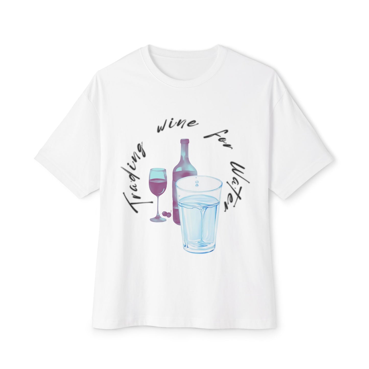 White t-shirt with graphic design of wine bottle and glass on a white background