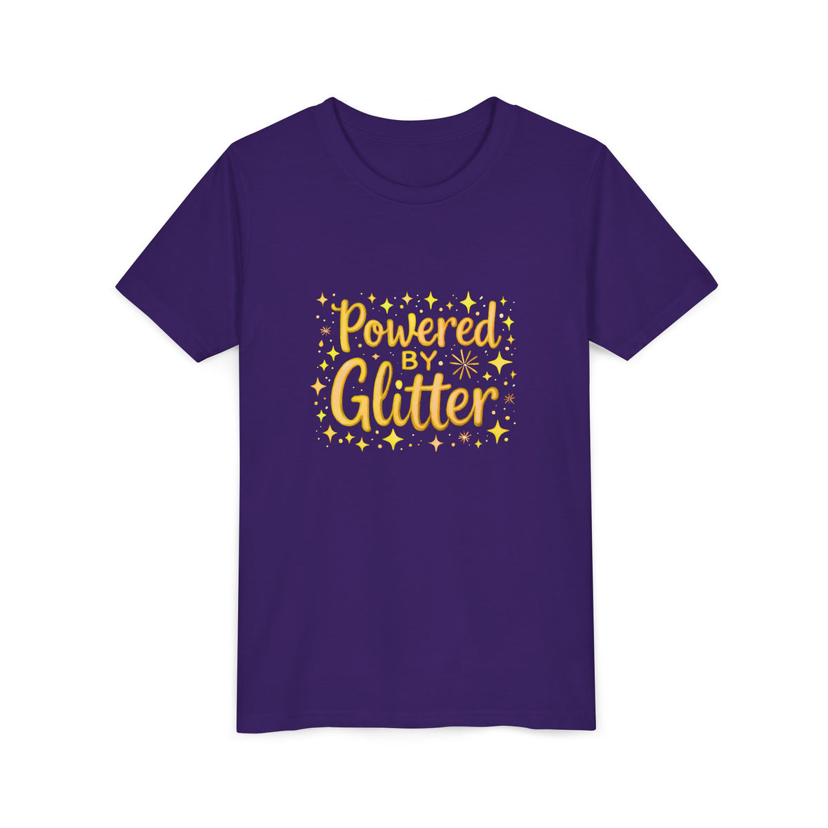 A team purple short-sleeve crewneck t-shirt featuring a yellow graphic print on the front that reads 'Powered by Glitter' surrounded by small yellow stars.