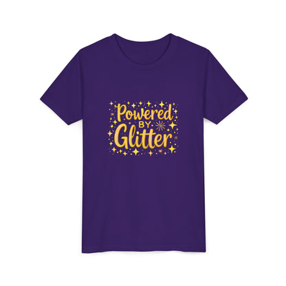A team purple short-sleeve crewneck t-shirt featuring a yellow graphic print on the front that reads 'Powered by Glitter' surrounded by small yellow stars.