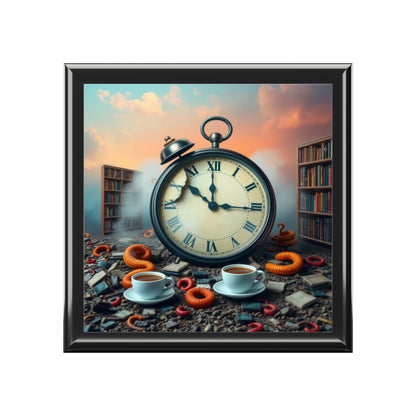 Jewelry box with framed artwork with a large clock, books, and coffee cups on a textured surface.