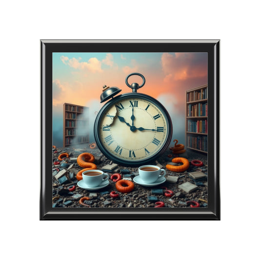 Jewelry box with framed artwork with a large clock, books, and coffee cups on a textured surface.