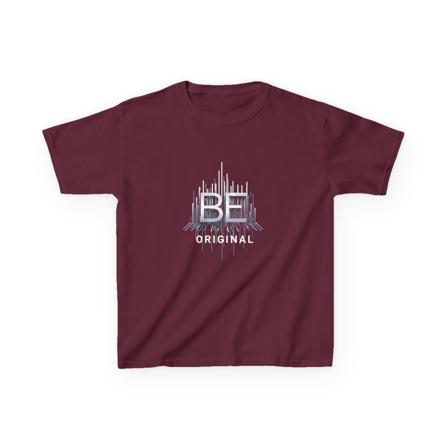 A kids' short-sleeve t-shirt in maroon with a white graphic design on the front depicting  shown on a plain white background.