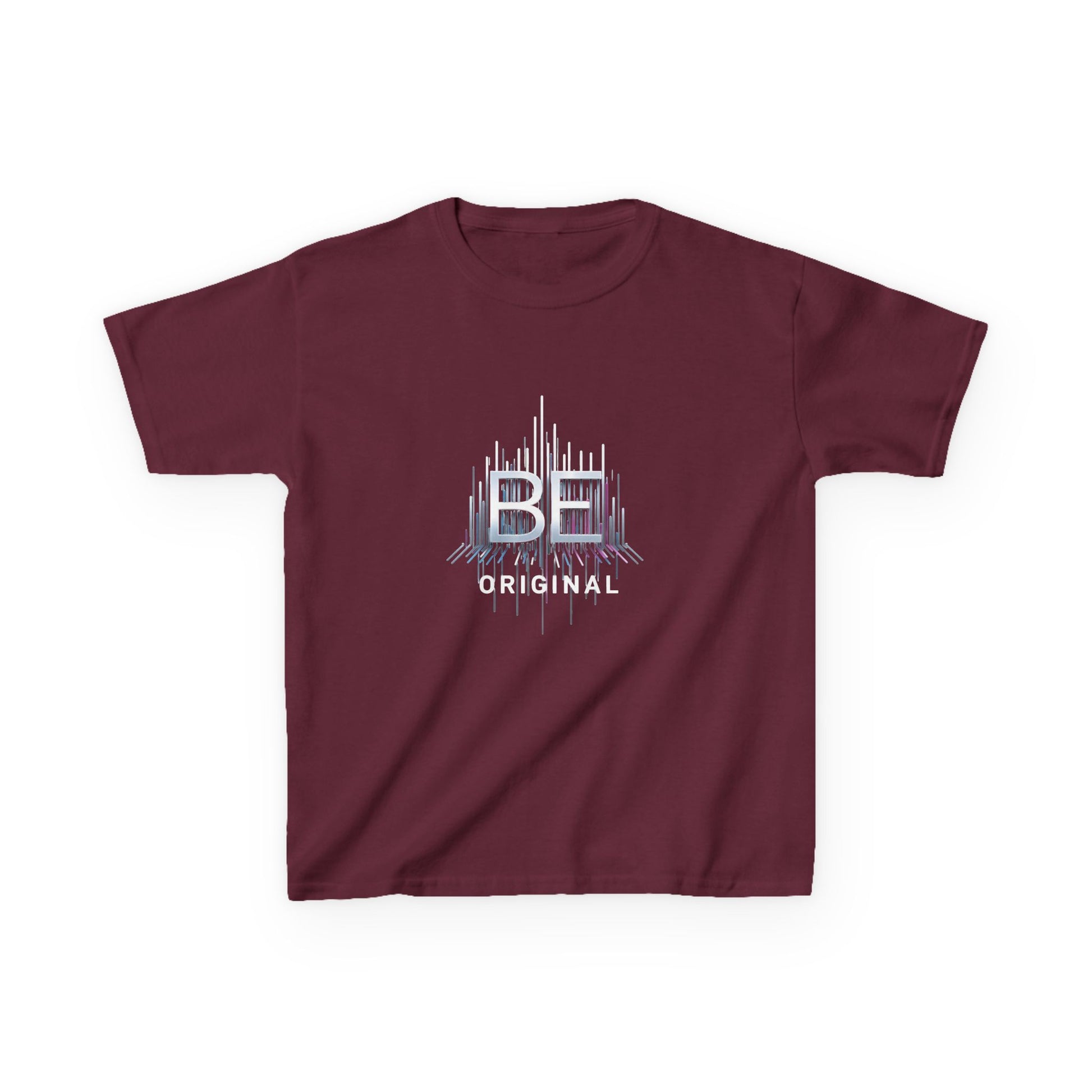 A kids' short-sleeve t-shirt in maroon with a white graphic design on the front depicting  shown on a plain white background.