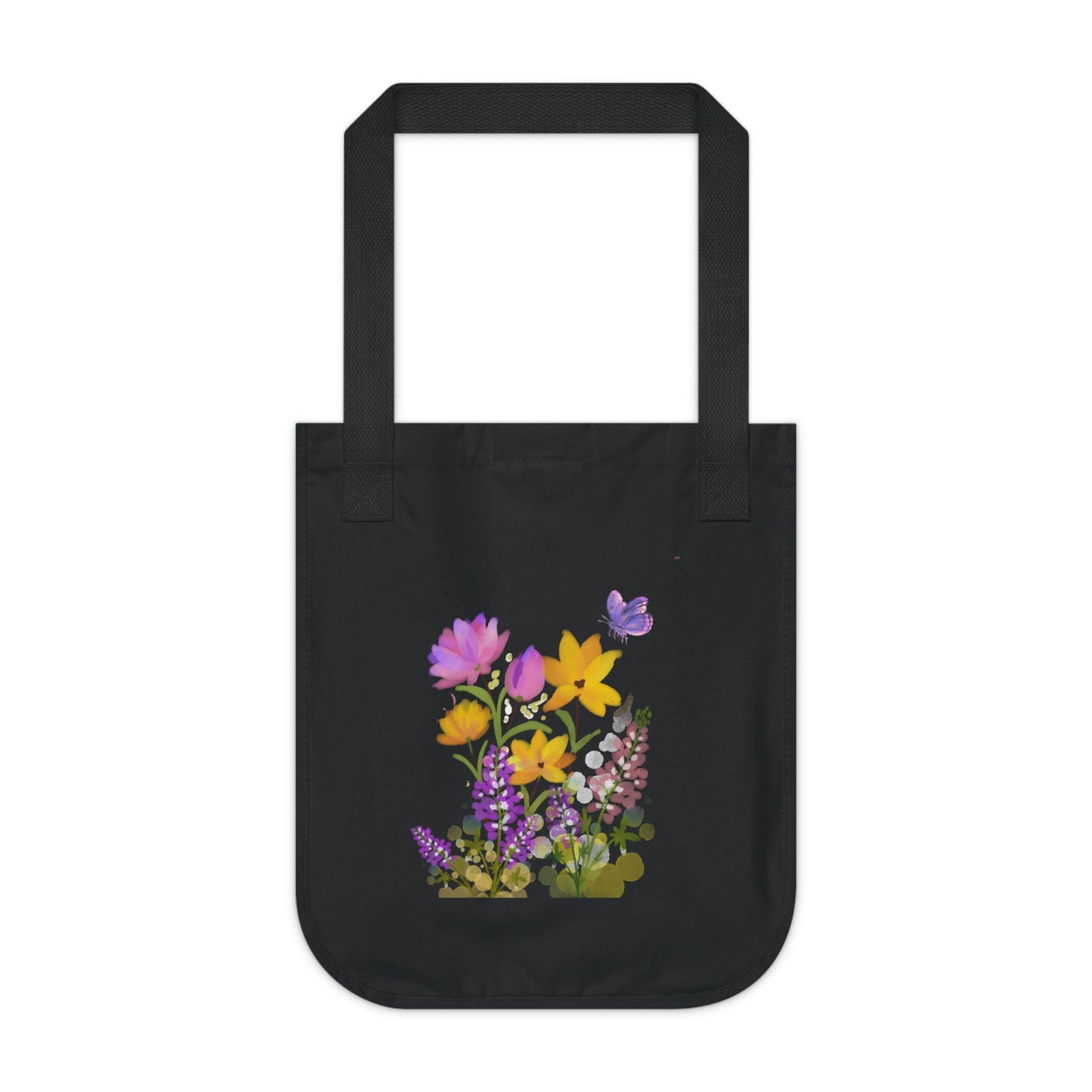 Black tote bag with colorful floral design on a white background
