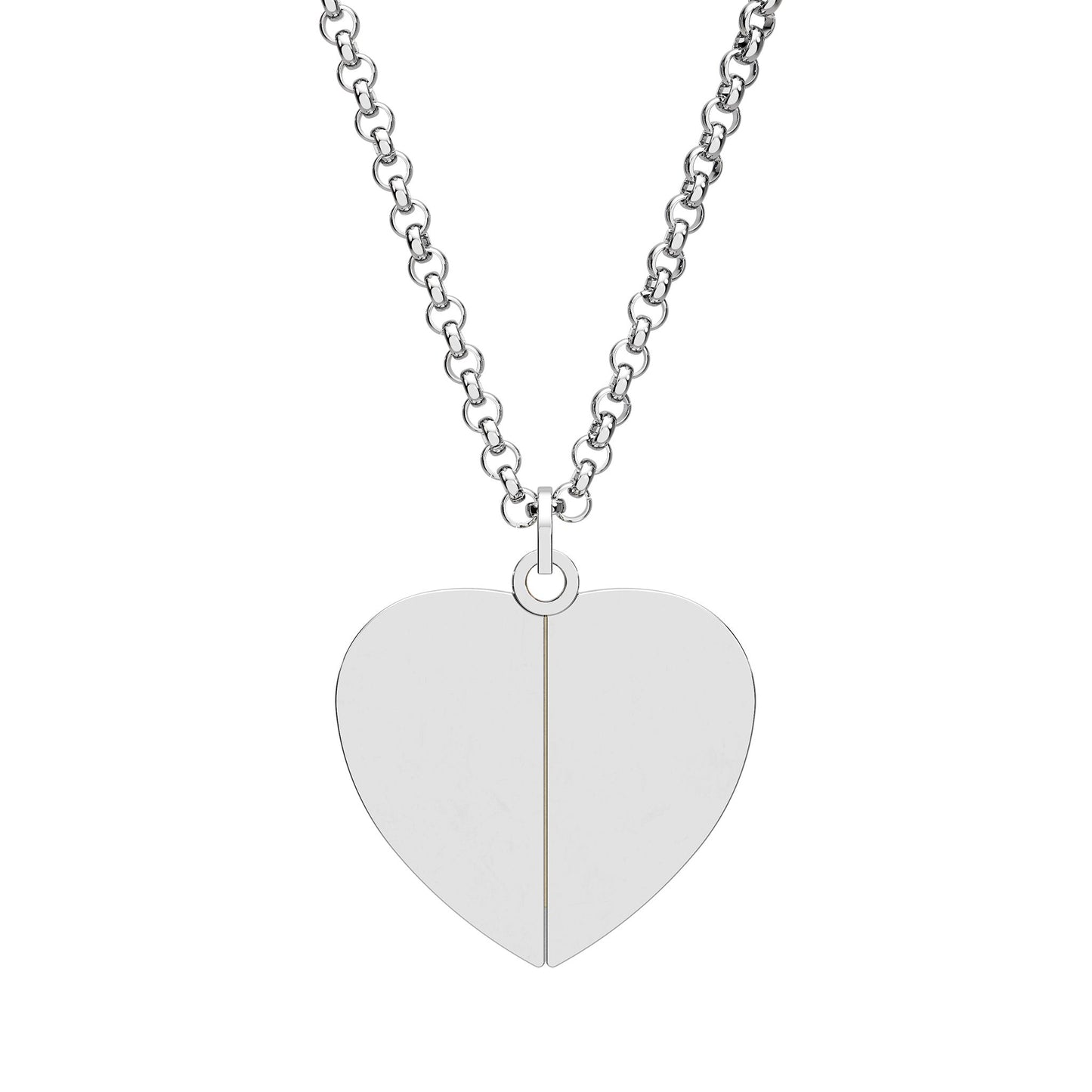 Silver heart-shaped pendant on a chain against a white background
