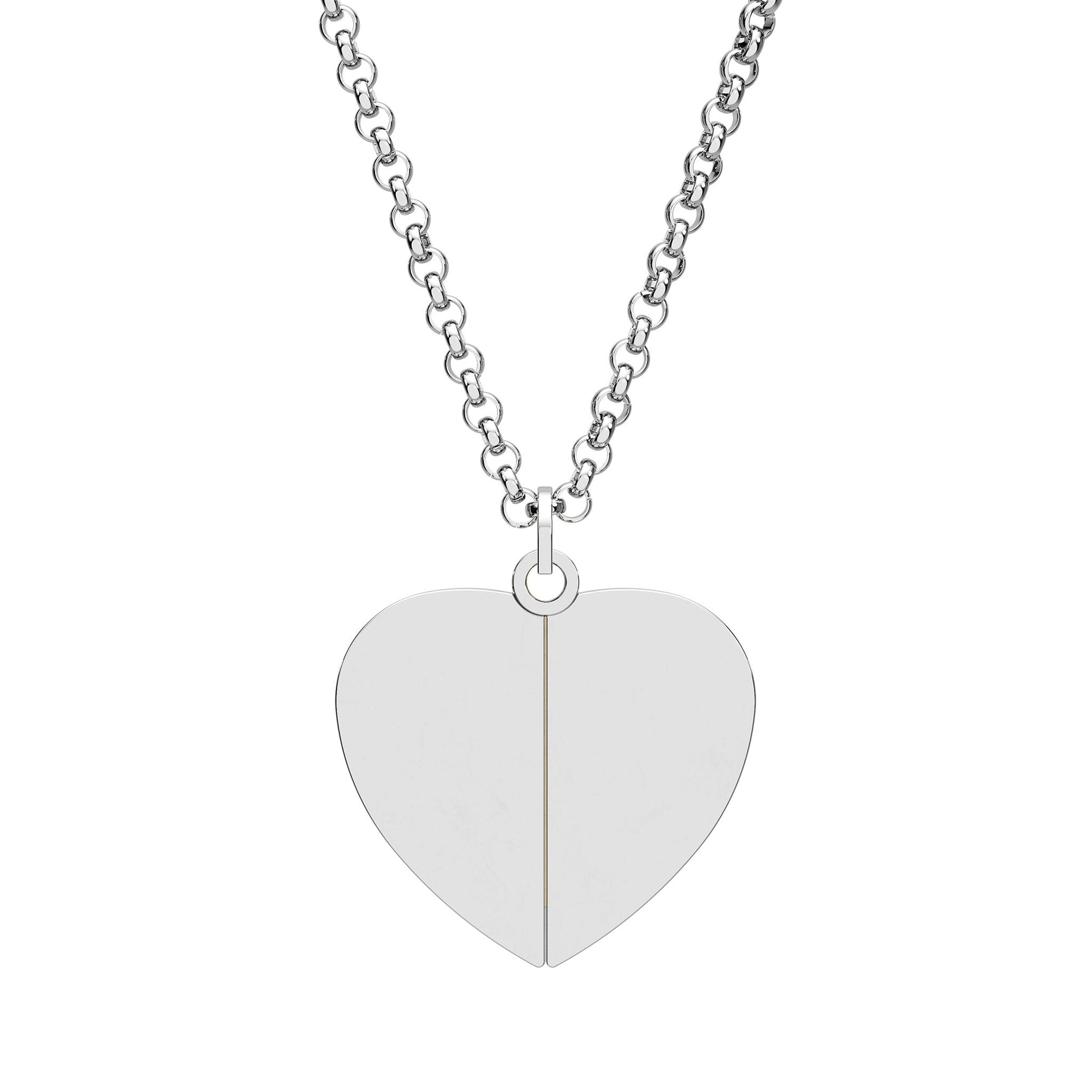Silver heart-shaped pendant on a chain against a white background
