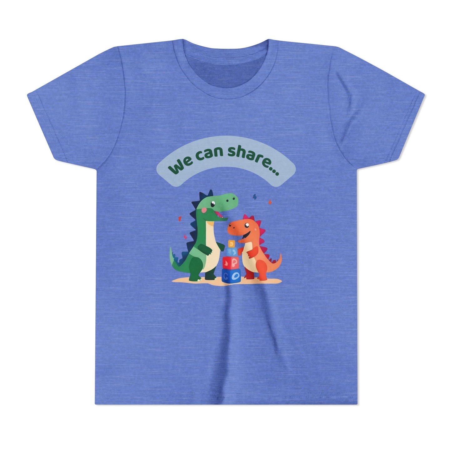 Blue t-shirt with cartoon dinosaurs and 'We can share' text on a white background