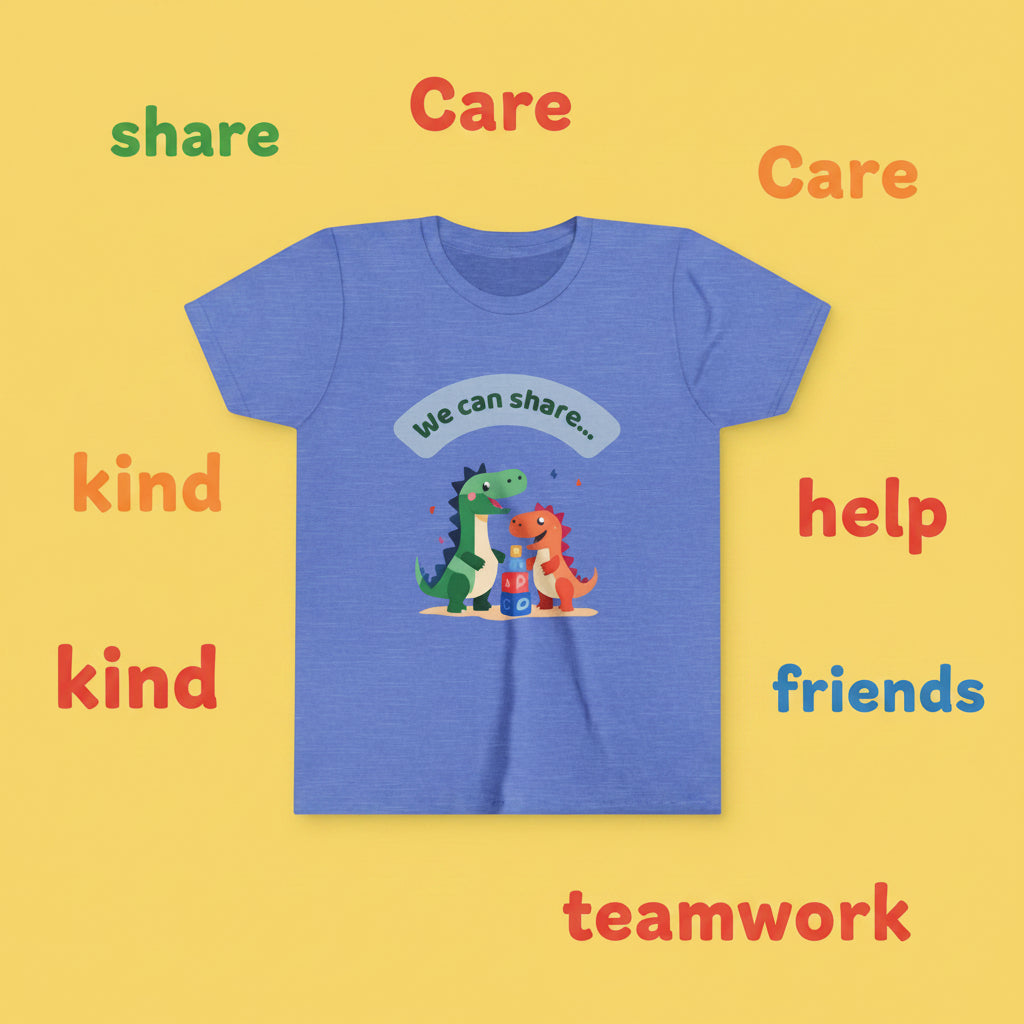 Blue t-shirt with cartoon dinosaurs and 'We can share' text on a white background