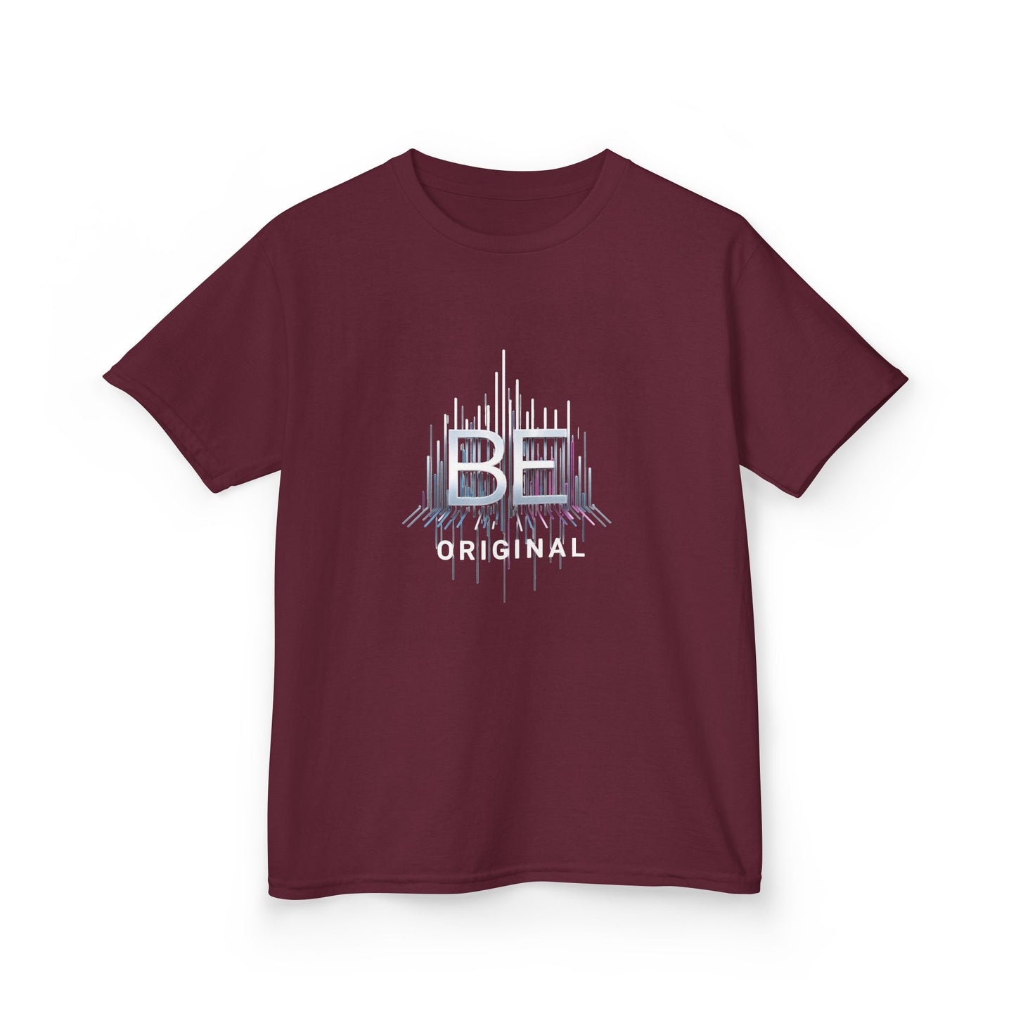 A marron short-sleeve kids' t-shirt with a graphic on the chest featuring the text 'BE ORIGINAL' in white and light blue, displayed on a clean white background.