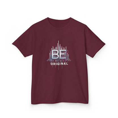 A marron short-sleeve kids' t-shirt with a graphic on the chest featuring the text 'BE ORIGINAL' in white and light blue, displayed on a clean white background.