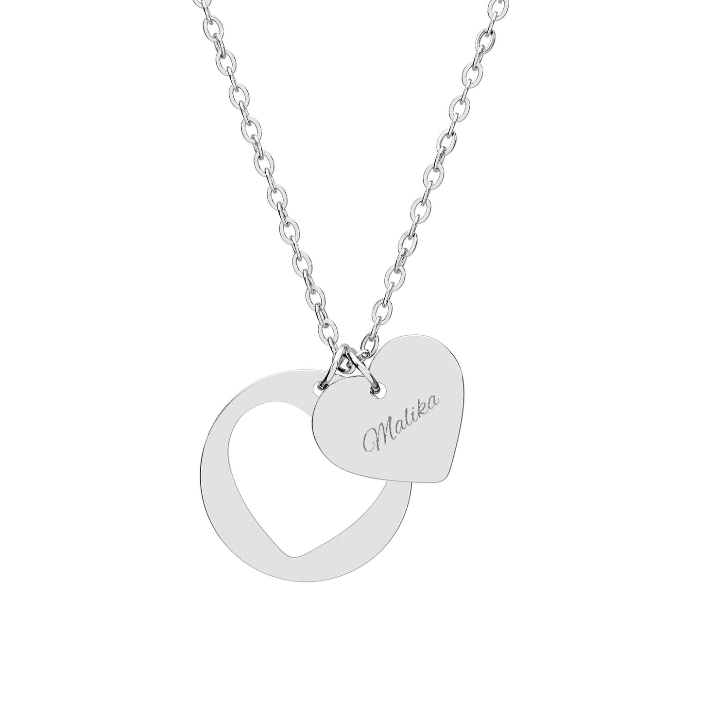Silver necklace with a heart-shaped pendant on a white background