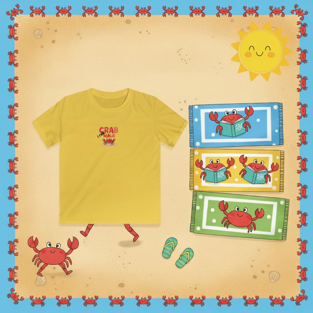 A yellow short-sleeve crewneck t-shirt with a small graphic on the chest that reads 'I CAN CRAB WALK' in red and black text above a small red crab illustration featured on the sand with 3 beach towels.