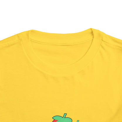 Close-up of a bright yellow crewneck t-shirt showing the inner collar and the top of a green apple graphic with a red bite taken out, on a white background.