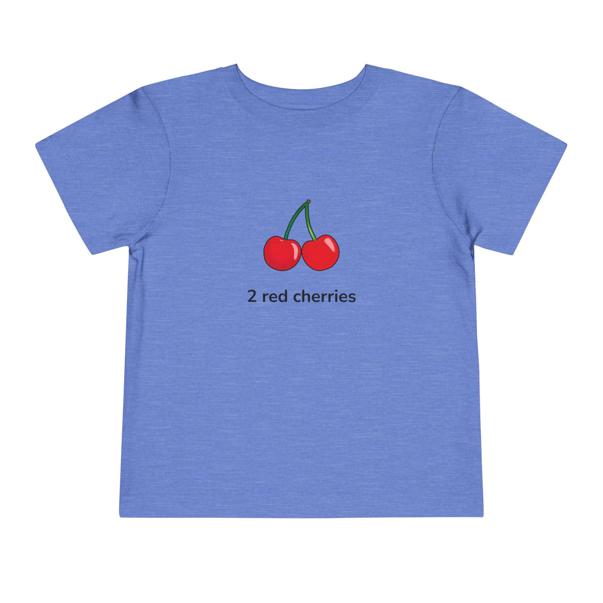 A heather blue short-sleeve t-shirt with a graphic of two red cherries and the text '2 red cherries' printed on the chest, displayed on a solid white background.