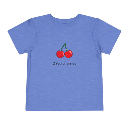A heather blue short-sleeve t-shirt with a graphic of two red cherries and the text '2 red cherries' printed on the chest, displayed on a solid white background.