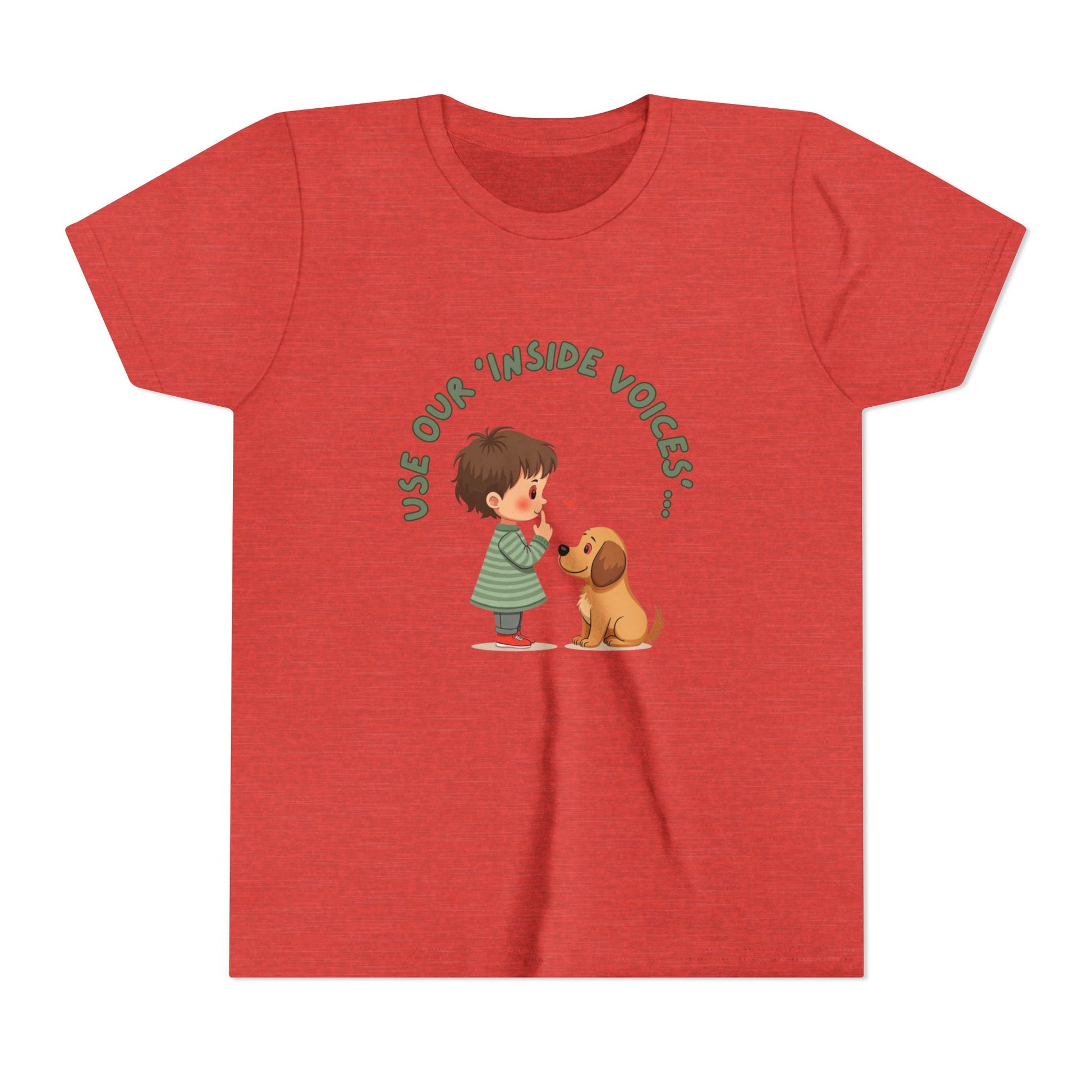 Red t-shirt with a graphic of a boy and dog and text 'Use Our Inside Voices' on a white background
