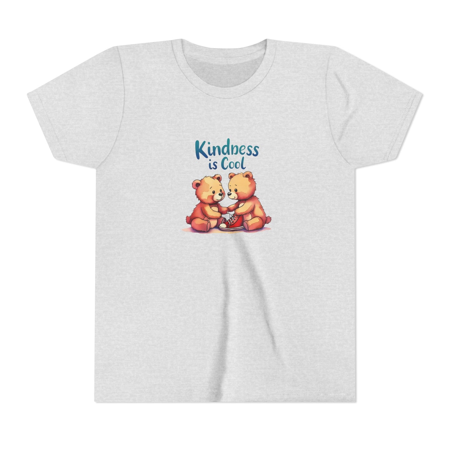 Ash t-shirt with two bears holding hands and 'Kindness is Cool' text on a white background