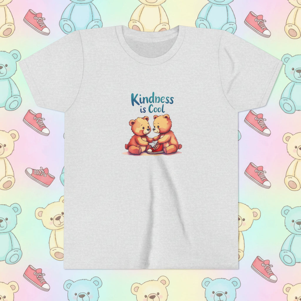 Ash t-shirt with two bears holding hands and 'Kindness is Cool' text on a white background