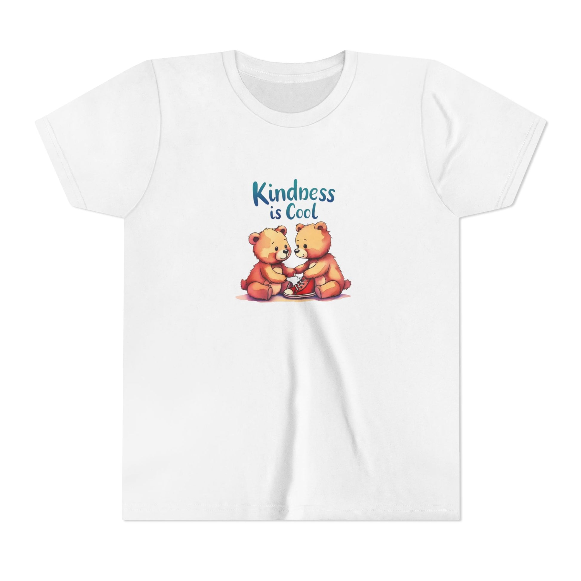 White t-shirt with two bears holding hands and 'Kindness is Cool' text on a white background