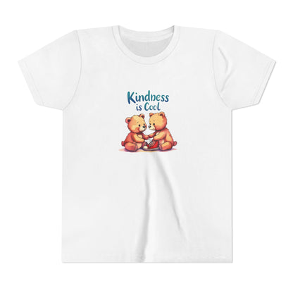 White t-shirt with two bears holding hands and 'Kindness is Cool' text on a white background