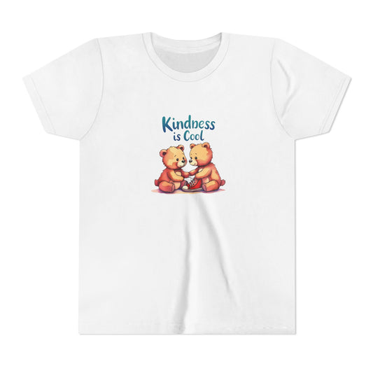 White t-shirt with two bears holding hands and 'Kindness is Cool' text on a white background