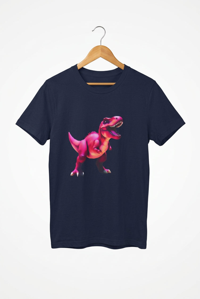 A navy t-shirt features a large megenta dinsow with open mouth. Malika Bourne Legacy