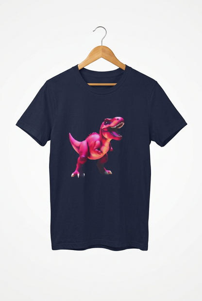 A navy t-shirt features a large megenta dinsow with open mouth. Malika Bourne Legacy