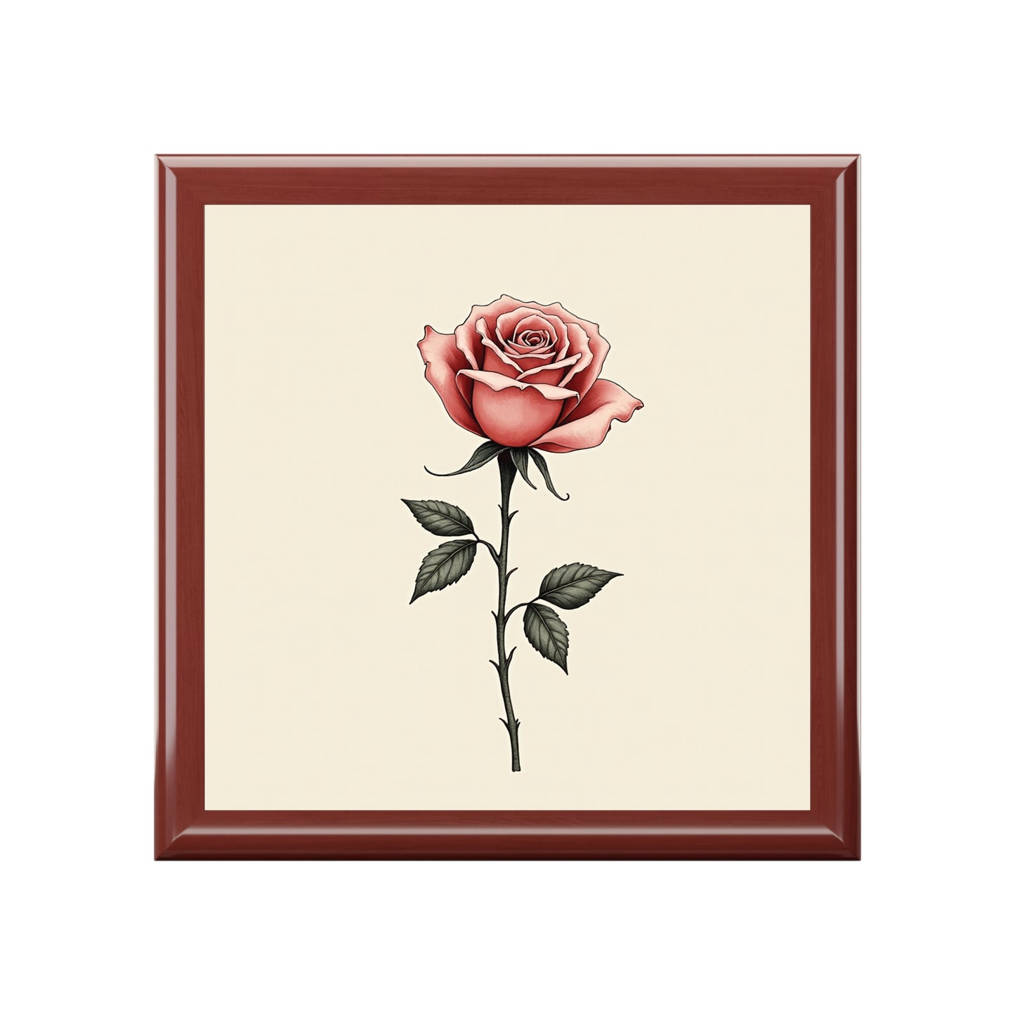 Framed artwork of a pink rose on a beige background