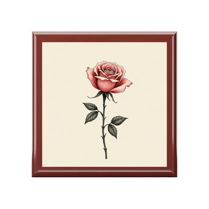 Framed artwork of a pink rose on a beige background