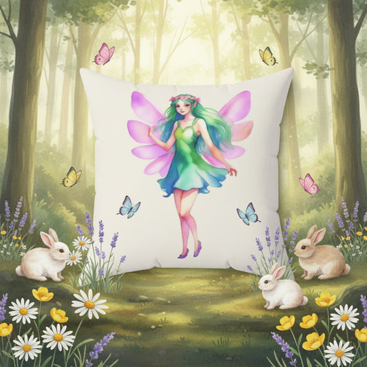 Throw pillow features a green haired fairy with lavender wings adn green dress,
