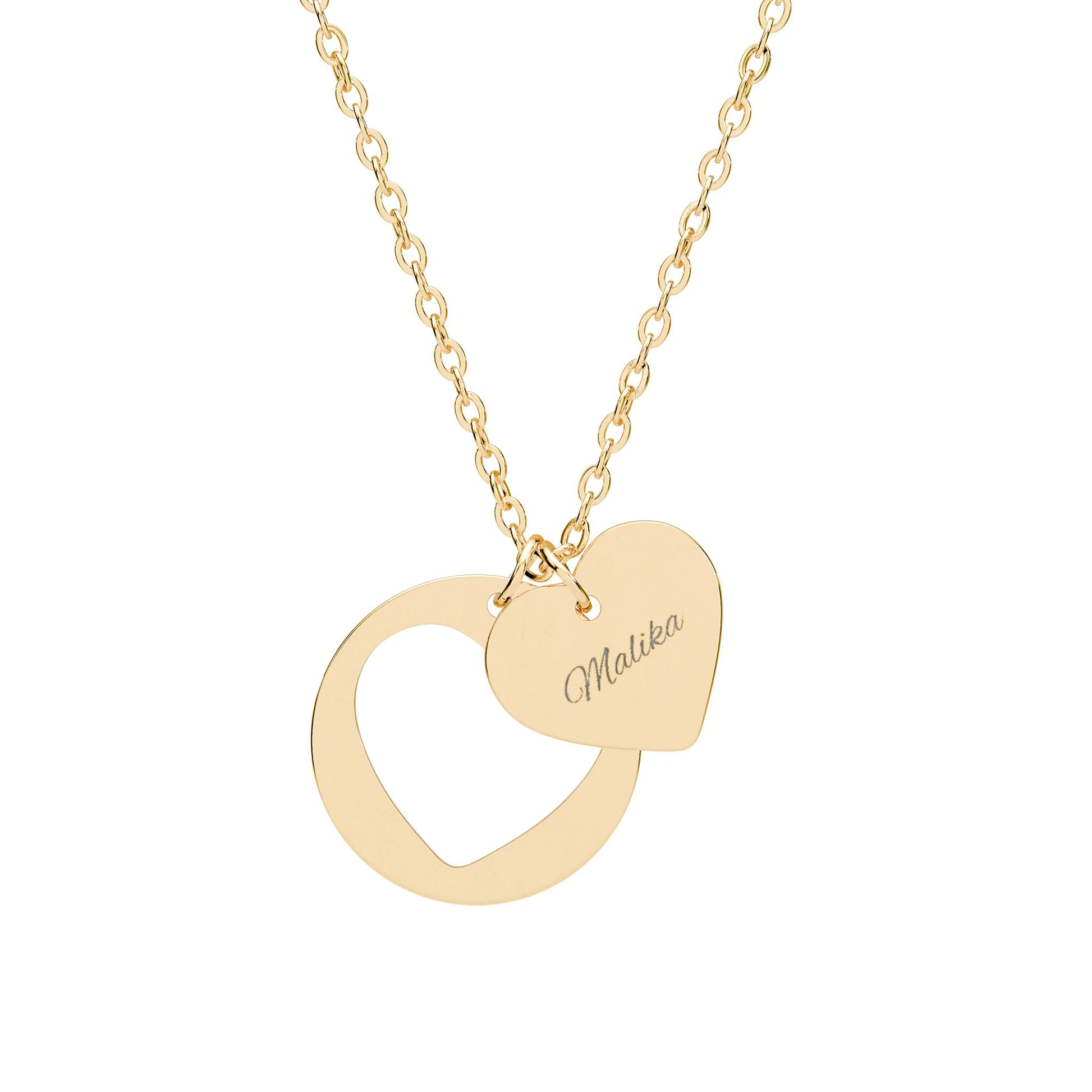 Gold heart-shaped necklace with 'Loved once' engraving on a white background