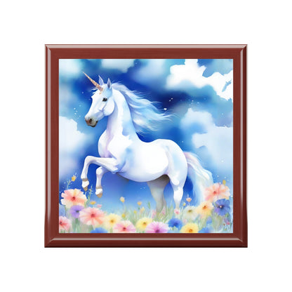Unicorn Jewelry Box — Magical White Unicorn in Floral Meadow Keepsake Box