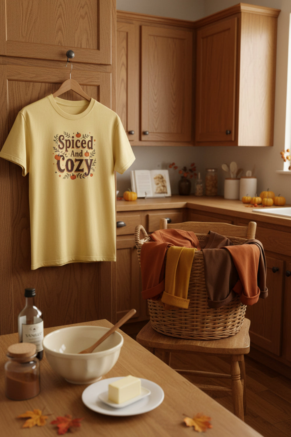 A butter yellow short-sleeve crewneck t-shirt with a 'Spiced And Cozy' graphic on the chest, featuring autumn-themed illustrations of pumpkins, leaves. The shirts hangs on a cupboard door above a basket of laudnry. oN the table is a stick of butter, spices and a mixing bowl. Design by Malika bourne Legacy