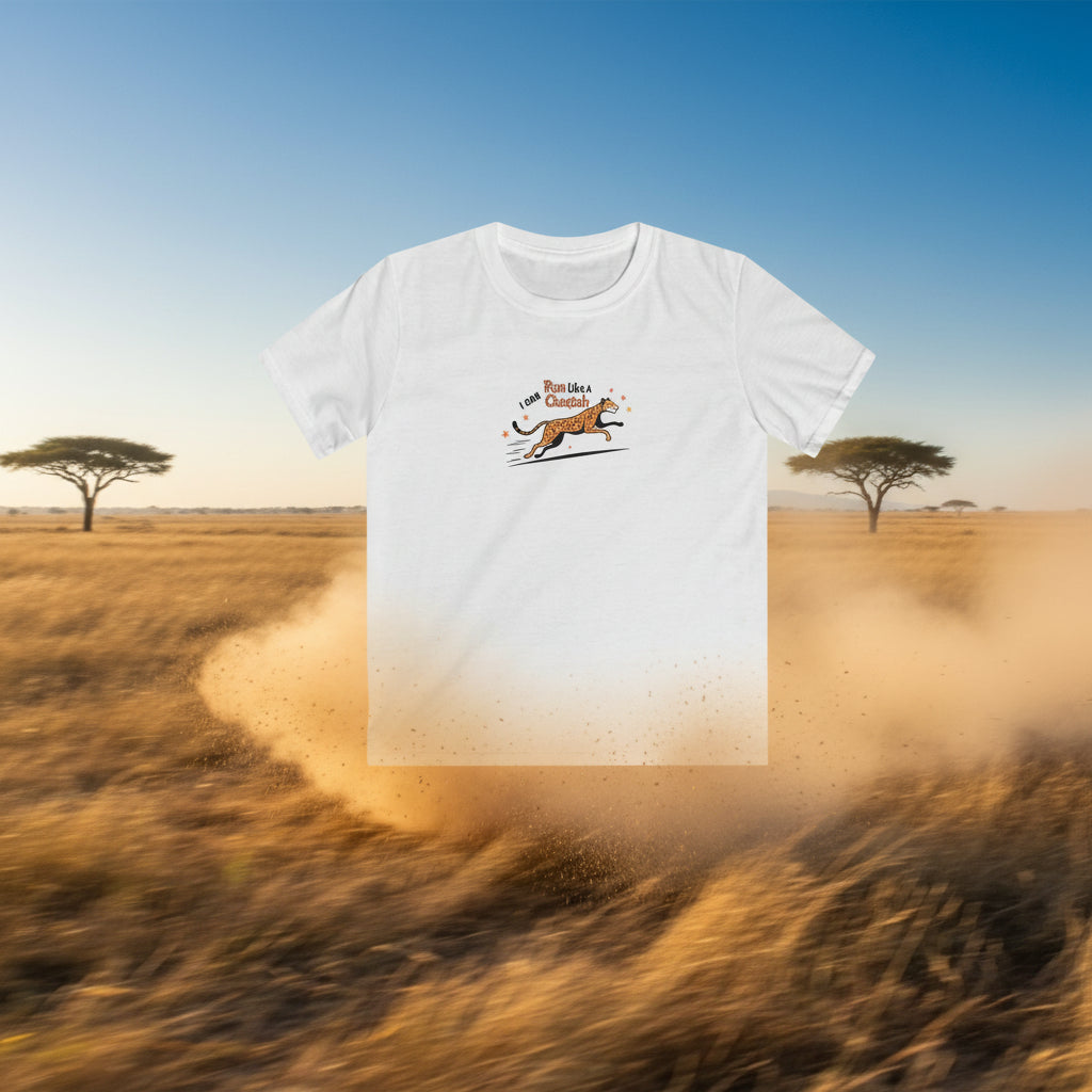 A white short-sleeve crewneck t-shirt featuring a cartoon graphic of a running cheetah with the text 'I CAN' and 'RUN LIKE A CHEETAH' in orange and black.