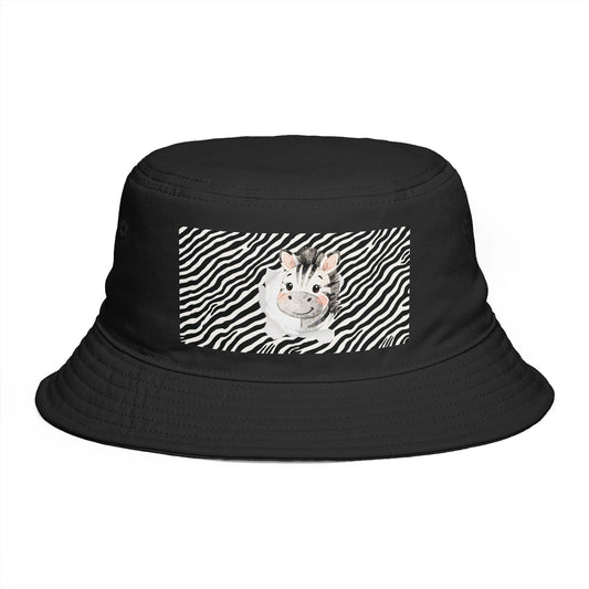 Black bucket hat with a zebra-striped peek-thru patch featuring a zebra design on a white background