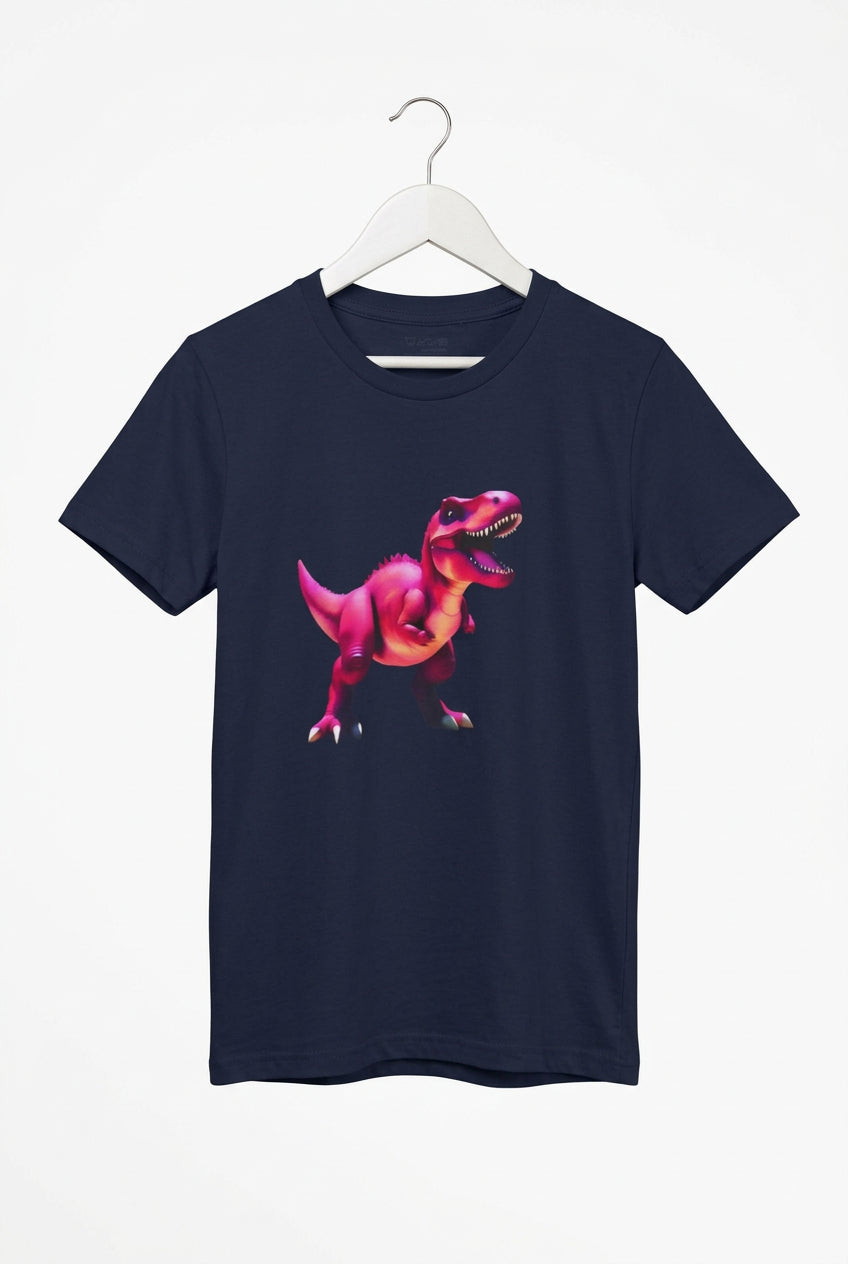 A large magenta dinsaur laughs with its mouth wide open is featured on a navy tee.