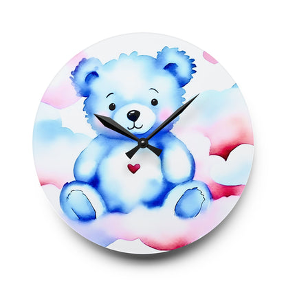 Acrylic Wall Clock — Blue Teddy Bear Nursery Clock with a Heart, Adorable Baby Shower Decor